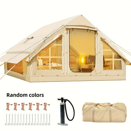 4-6 Person Inflatable Camping Tent with Manual Pump - Easy Set Up, Waterproof Oxford, Mesh & Chimney Window for Luxury Camping