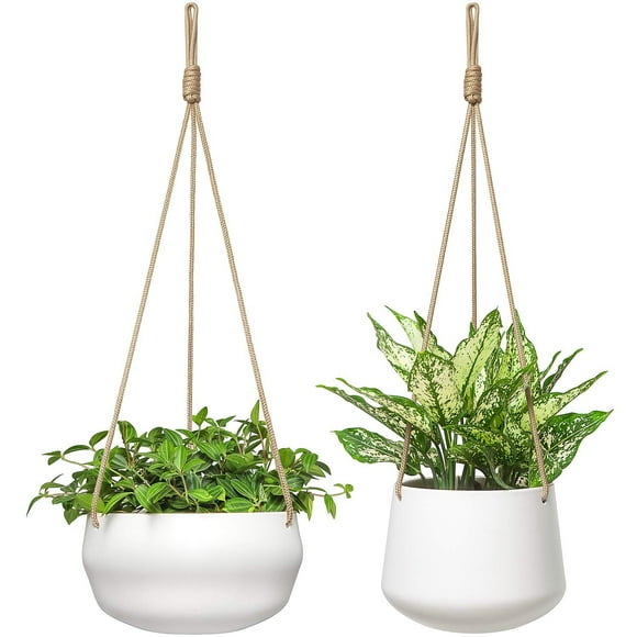 Mkono Ceramic Hanging Planter of Shallow 8 Inch and Deep 6 Inch for Indoor Outdoor Plants, Set of 2 Modern Plant Pot Geometric Porcelain Ha