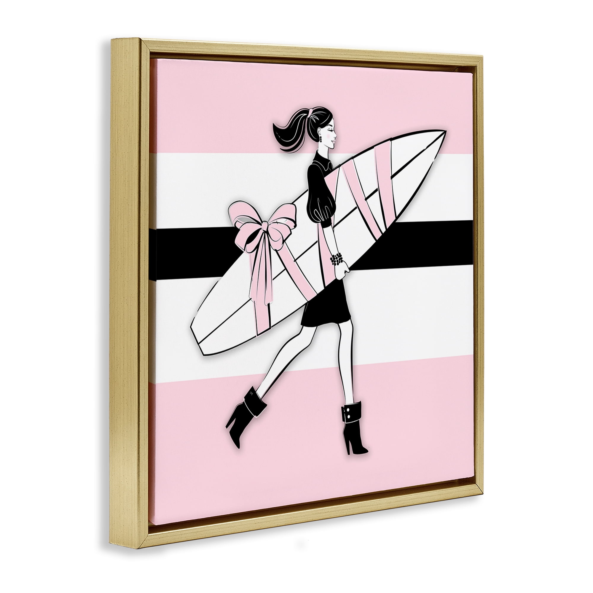 Stupell Industries Glam Girl With Surfboard Novelty Painting Gold Floater Framed Art Print Wall Art, 25 x 25