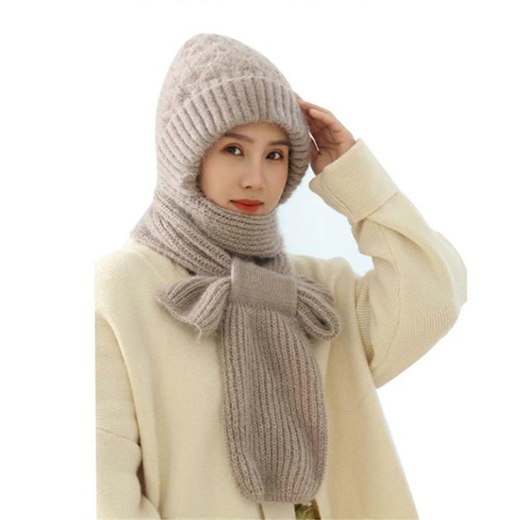 Women'S Plush-Lined Acrylic Balaclavas Hood Scarf Hat Windproof Integrated Ear Protector Fashionable Winter Cap-C