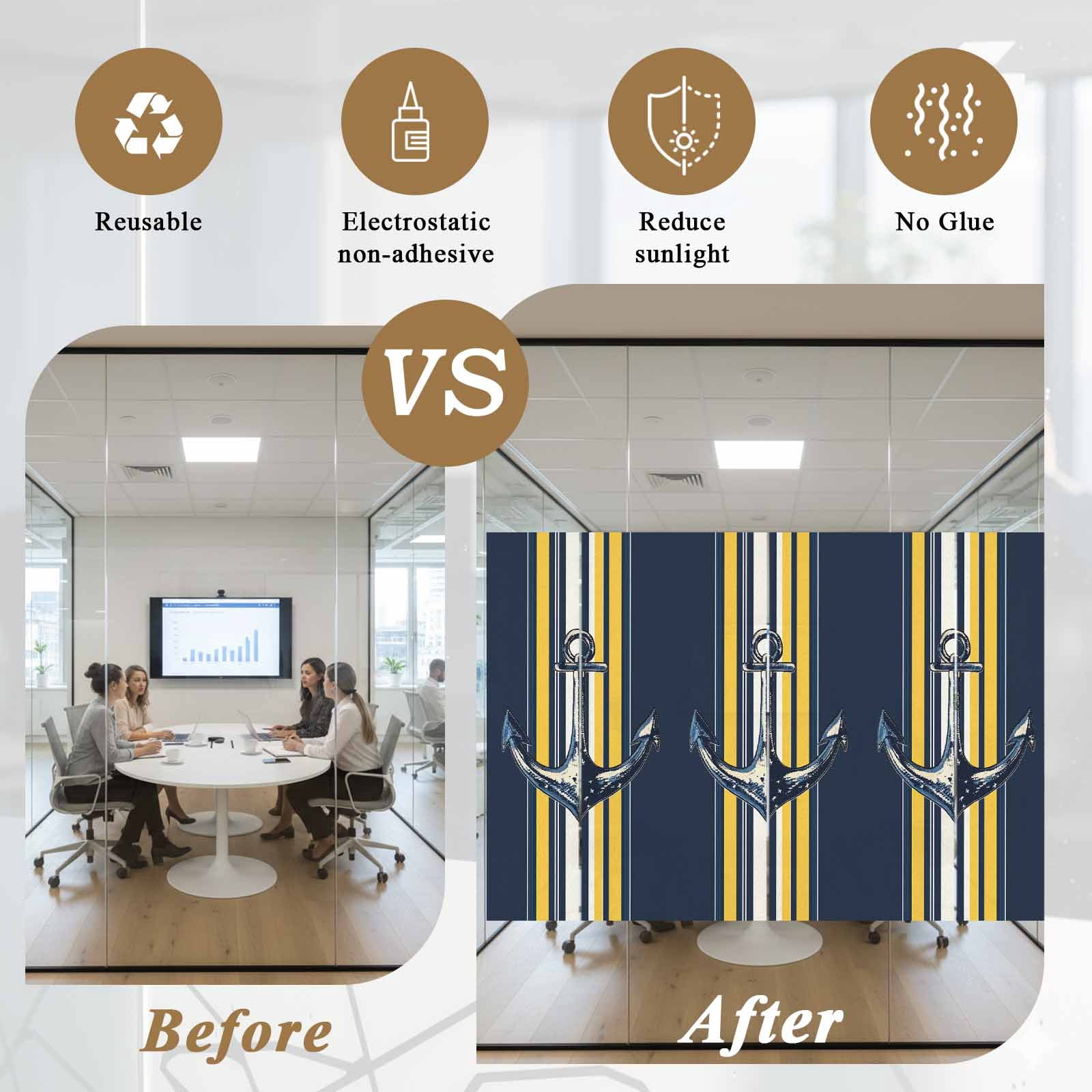 Vintage Anchor Window Privacy Film, Yellow Blue Striped Frosted Glass Window Clings Static Cling UV Heat Blocking Reusable Door Sticker for Bathroom 23.6 x 59 Inch