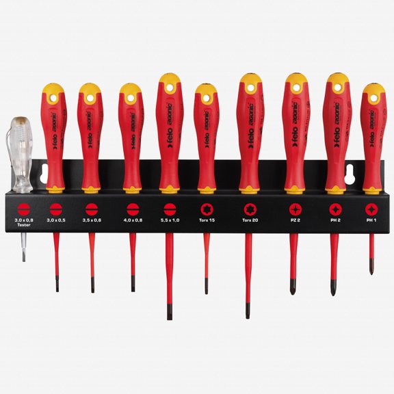 Felo Ergonic VDE E-slim SL/PH/PZ/TORX Screwdriver Set XL with Rack, 10 Pieces
