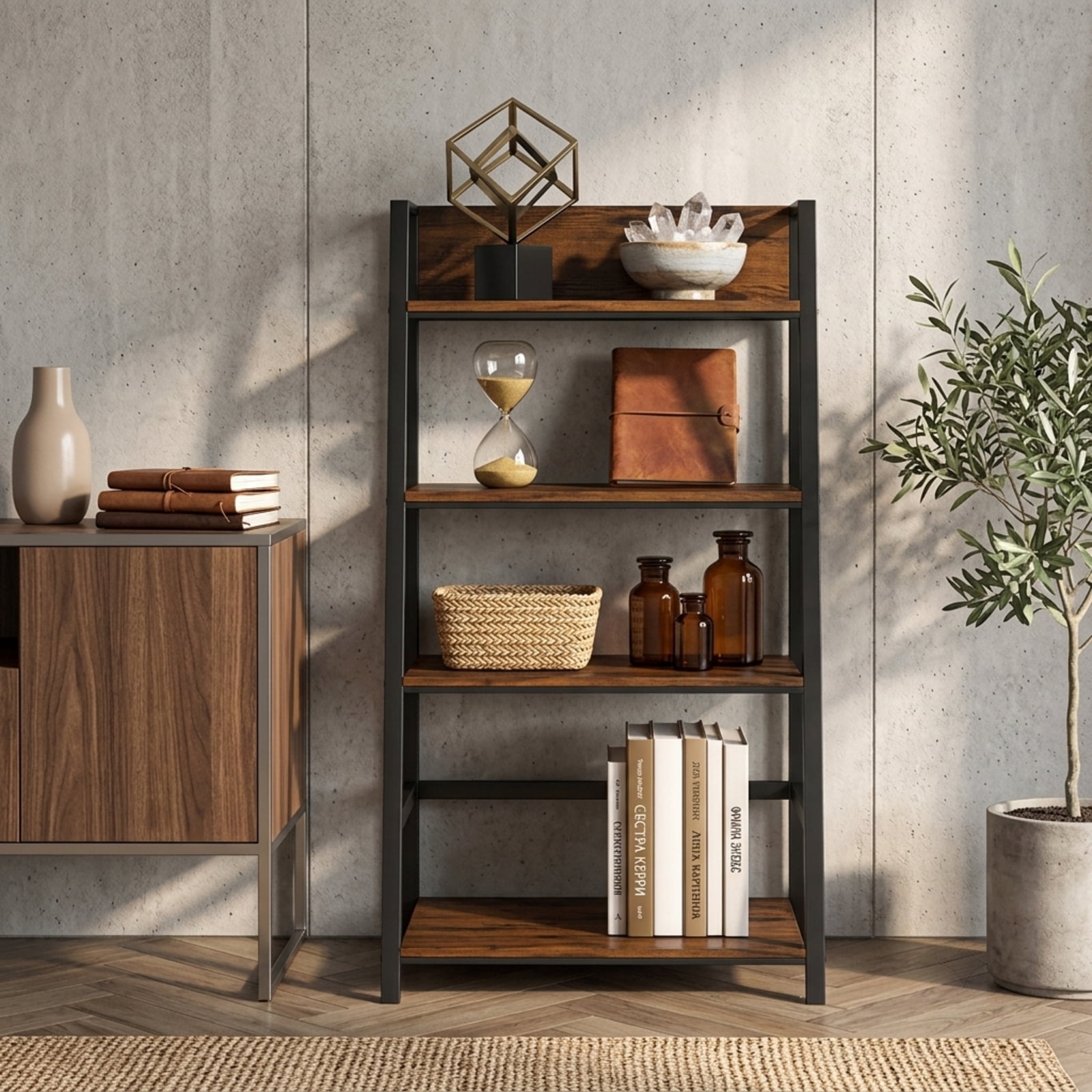 Furnibear 3-Tier Ladder Industrial Bookshelf with Metal Frame for Living Room Home Office Bedroom Display Storage Shelf, Coffee