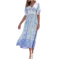 thumbnail image 3 of xiaxaixu Robes d'Été pour Femmes 2023 Manches Courtes V Robe Florale Décontractée Boho Fente Fluide Longue Robe, 3 of 4