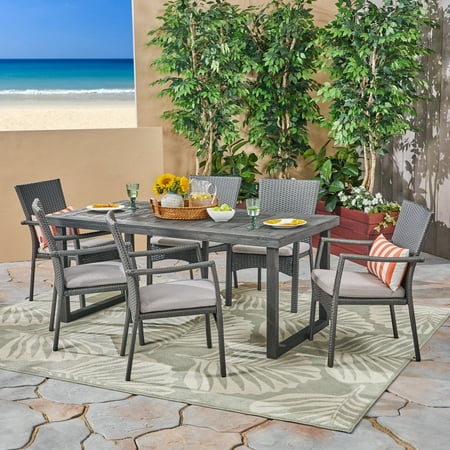 Lily Outdoor 7 Piece Acacia Wood Dining Set with Wicker Chairs and Cushions Sandblast Dark Grey