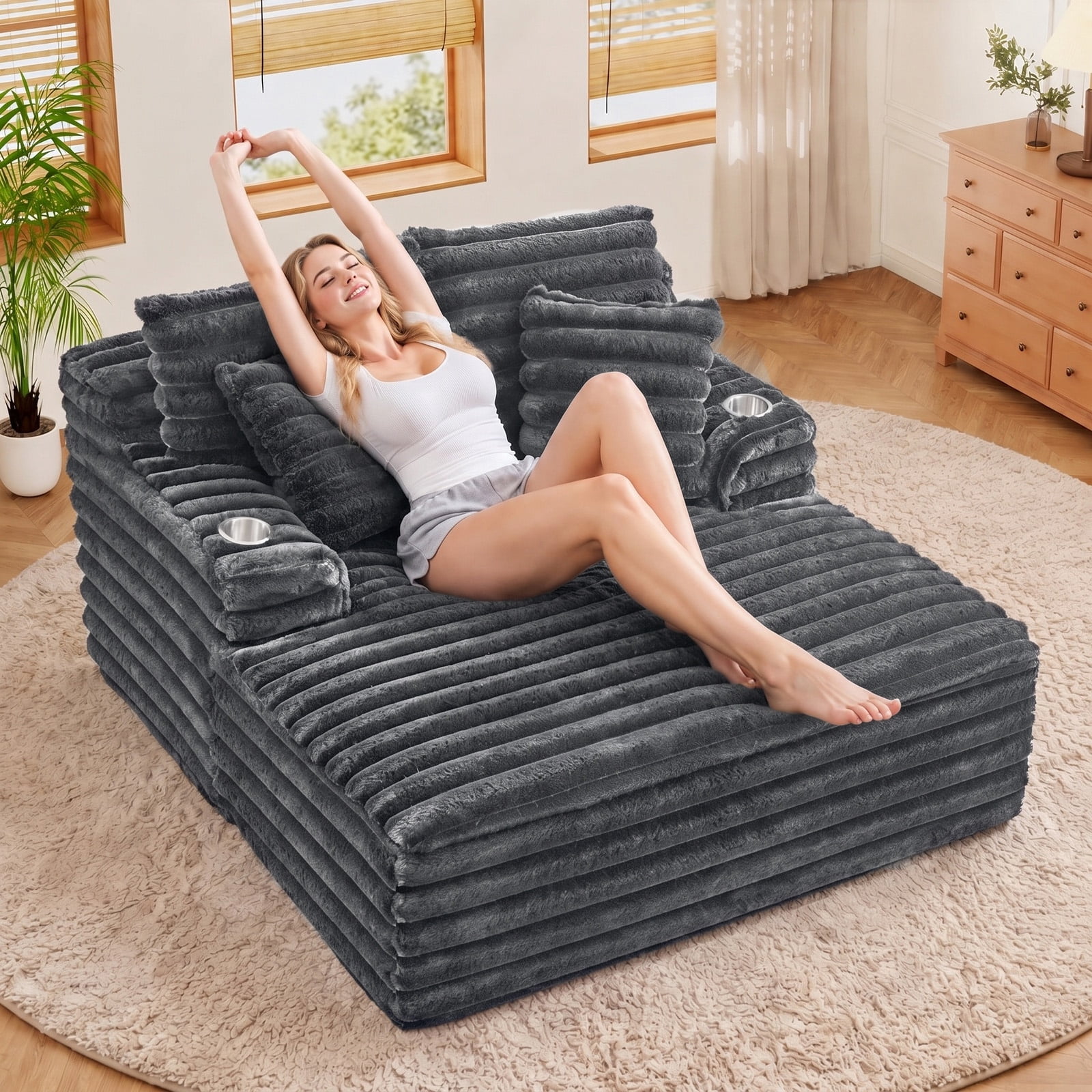 Lunale Oversized Chaise Lounge Chair Indoor Furniture, Boneless Cloud Couch with Cup Holders, Faux Fur Accent Chair for Living Room, Gray