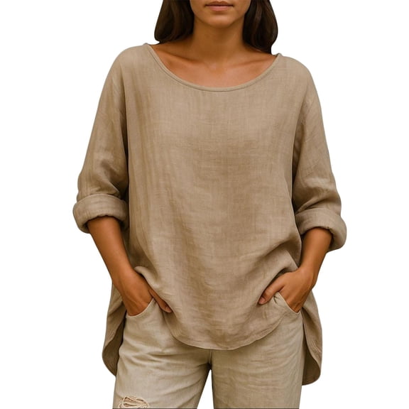 XuJwPNcy Fall Outfits for Women Loose Fit Cotton Linen Long Sleeve Crew Neck Tops Dressy Casual Blouses Beach Vacation Tees（Khaki,X-Large)