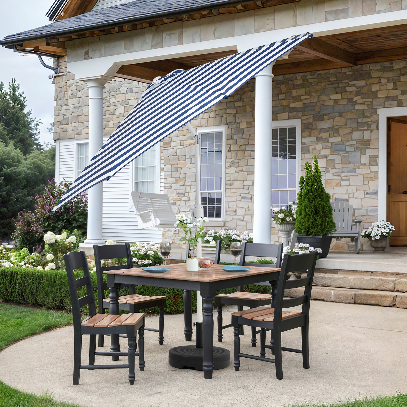 Aoodor 9FT Outdoor Patio Umbrella, Market Table Umbrella with 8 Steel Ribs and Push Button Tilt Crank, Dark Blue and White