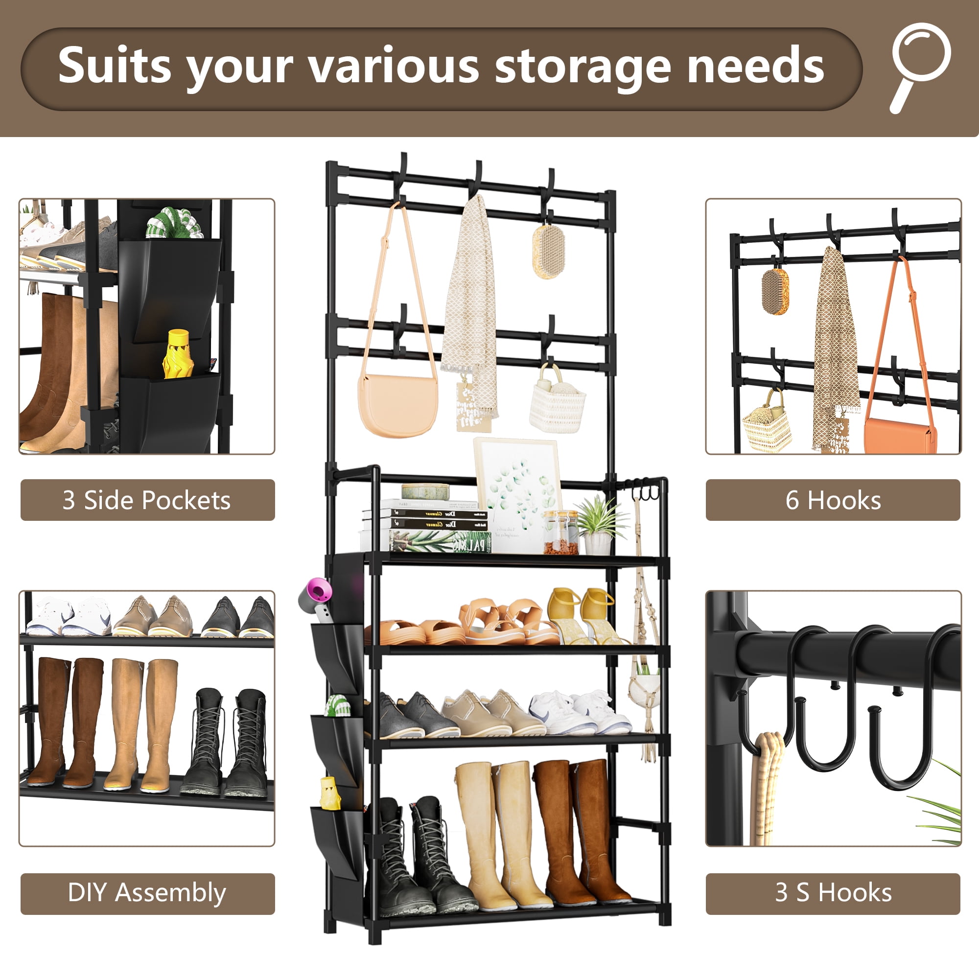 5 Tier Shoe Rack with Hooks and Side Pocket Storage 15-20 Pairs Shoe Rack for Closet Entrance Shoe Rack Organizer Entryway Shoe Holder Space Saving Free Standing Shoe Racks