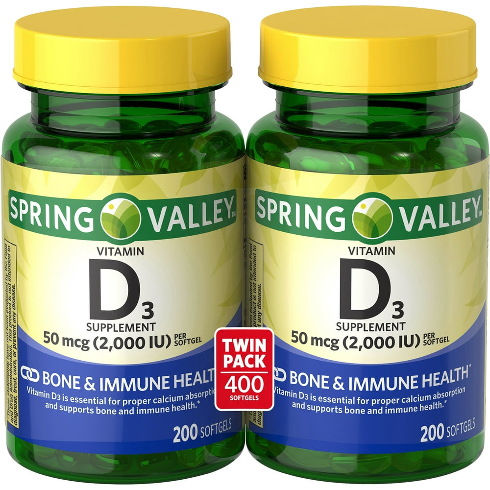 Spring Valley Vitamin D3 Softgels, 2000 IU, 200 Count, 2 Pack Walmart
