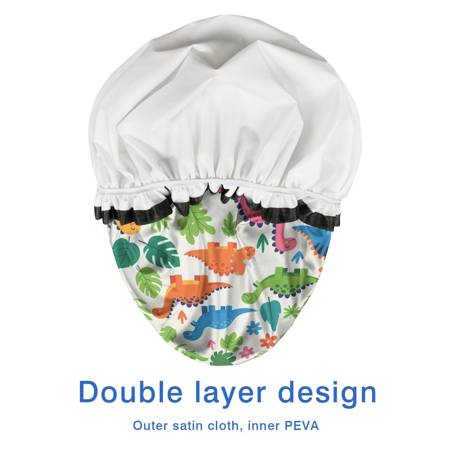 Shower Caps,White Cartoon Dinosaurs Jungle Pattern Waterproof Shower Cap for Women 4 Pieces,Double Reusable Hair Cover for Shower PEVA Elastic Stretch Hem