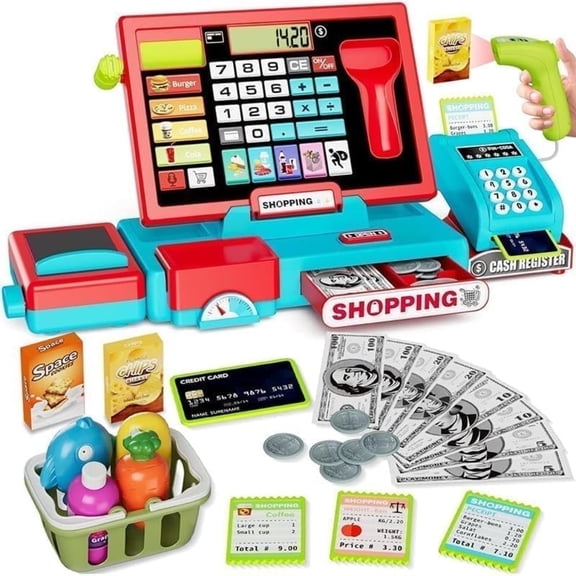 B-Qtech 27-Piece Cash Register Toy Set - Pretend Play Store with Play Money, Shopping Cart & Calculator, Educational Fun for Toddlers (3 ), Gift for Boys & Girls