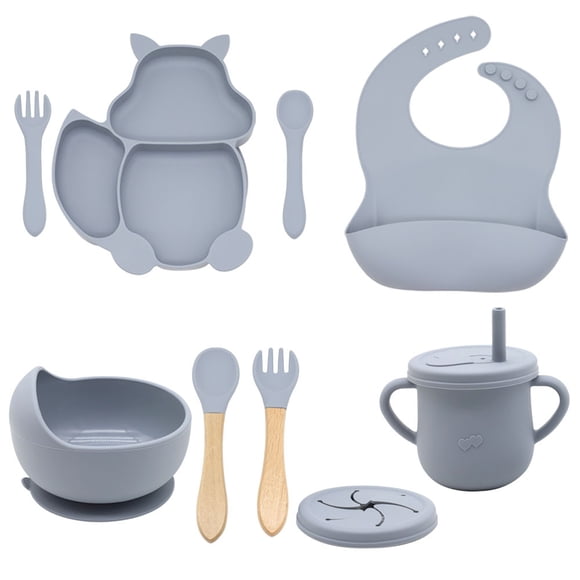 Riwcyla best,selling complementary food tableware set bib squirrel plate bowl with suction cup two,in,one cup spoon fork gray , perfect for daily use, outdoor activities, travel & casual occasions