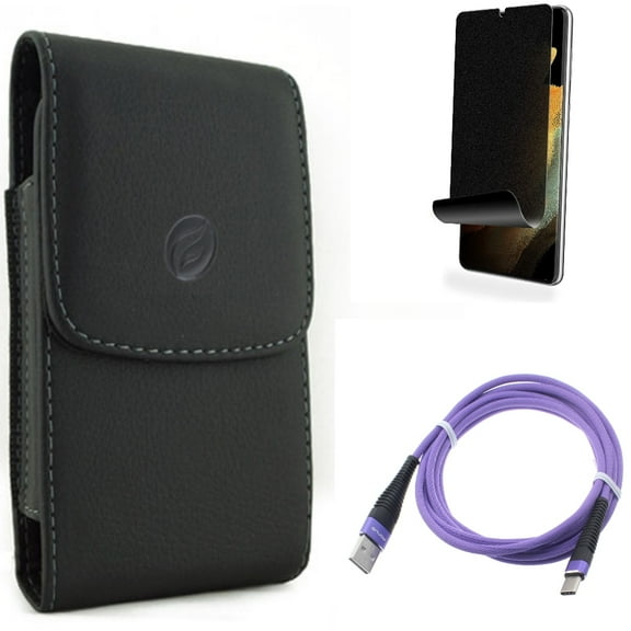 Privacy Screen Protector & Case Belt Clip & 6ft USB Cable for Samsung Galaxy S22 Plus (S22 ) - Combo TPU Film (Fingerprint Works) Anti-Peep & Leather Holster Cover & Purple Type-C Charger Cord
