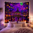 thumbnail image 2 of Glowing Carousel in Halloween Town with Pumpkins & Bats, Spooky Illustration for Dark Art Lovers, Vintage Horror Decor Halloween Gift, Tapestry Wall Hanging for Living Room and Dorm, 2 of 7