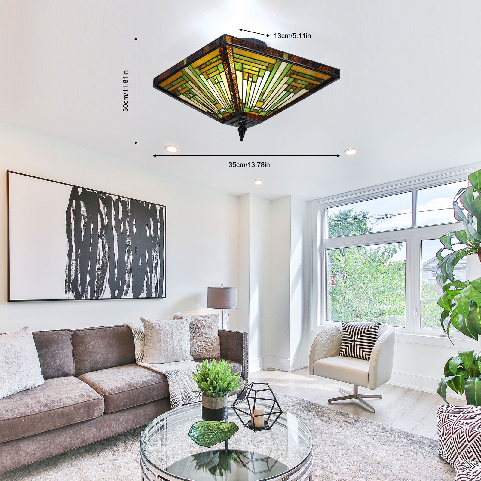 Tiffany Style Chandelier Stained Glass Vintage Ceiling Light Lamp 2 Light Fixture for Bedrooms, Study