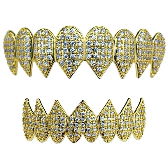 14K Gold Plated Shark Grillz Set 8 Top & Eight Bottom Iced CZ Micro Pave Teeth