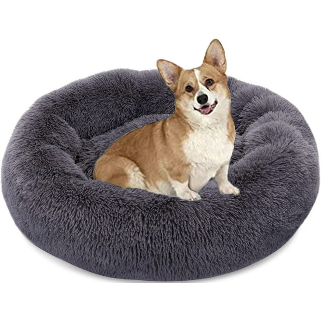28 Inch Round Plush Pet Bed for Dogs & Cats, Fluffy Soft Warm Calming Dog Bed Cozy Faux Fur Dog Bed Sleeping Kennel Nest, Dark Grey