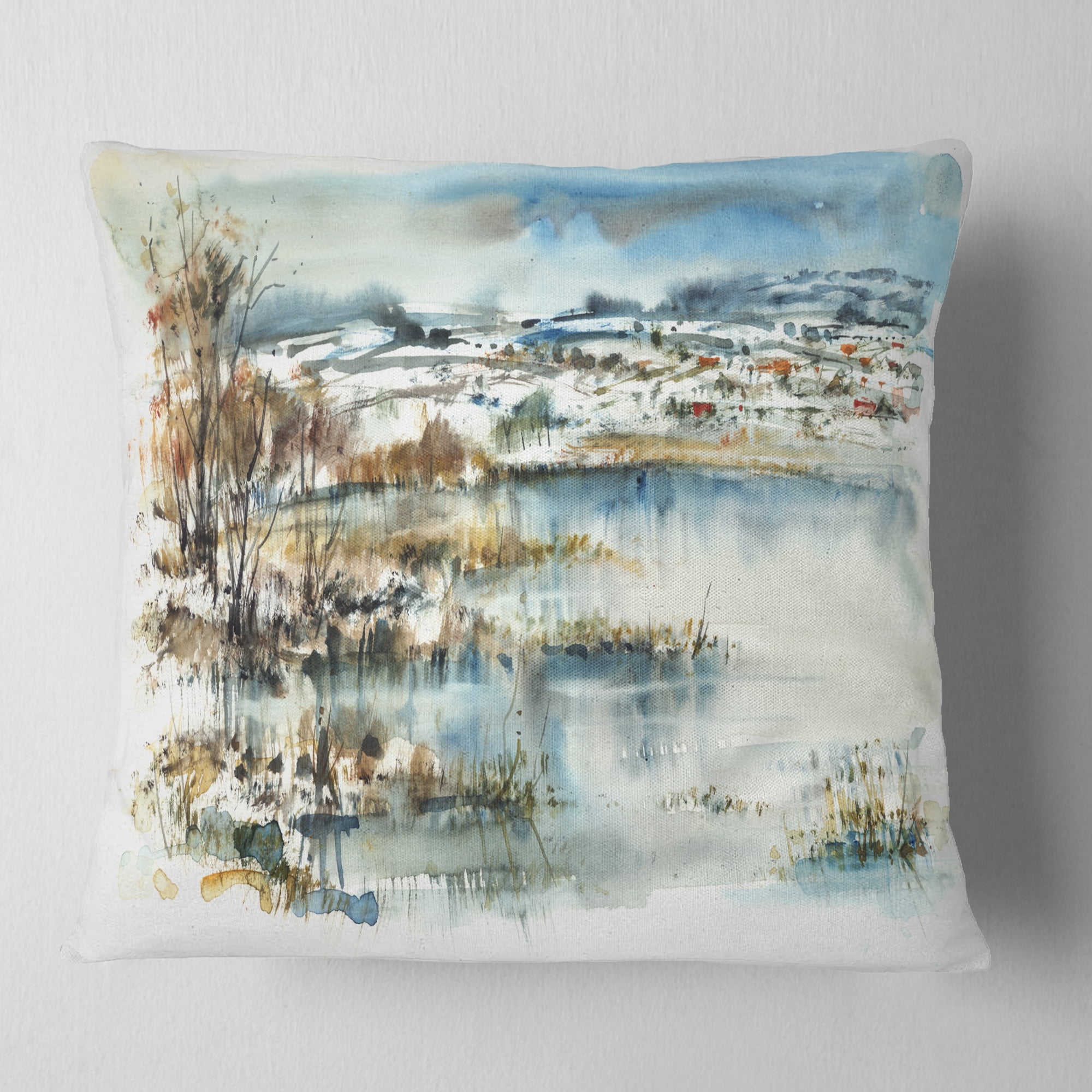 Designart Wide Blue Winter Lake Watercolor - Landscape Painting Throw Pillow - 18x18