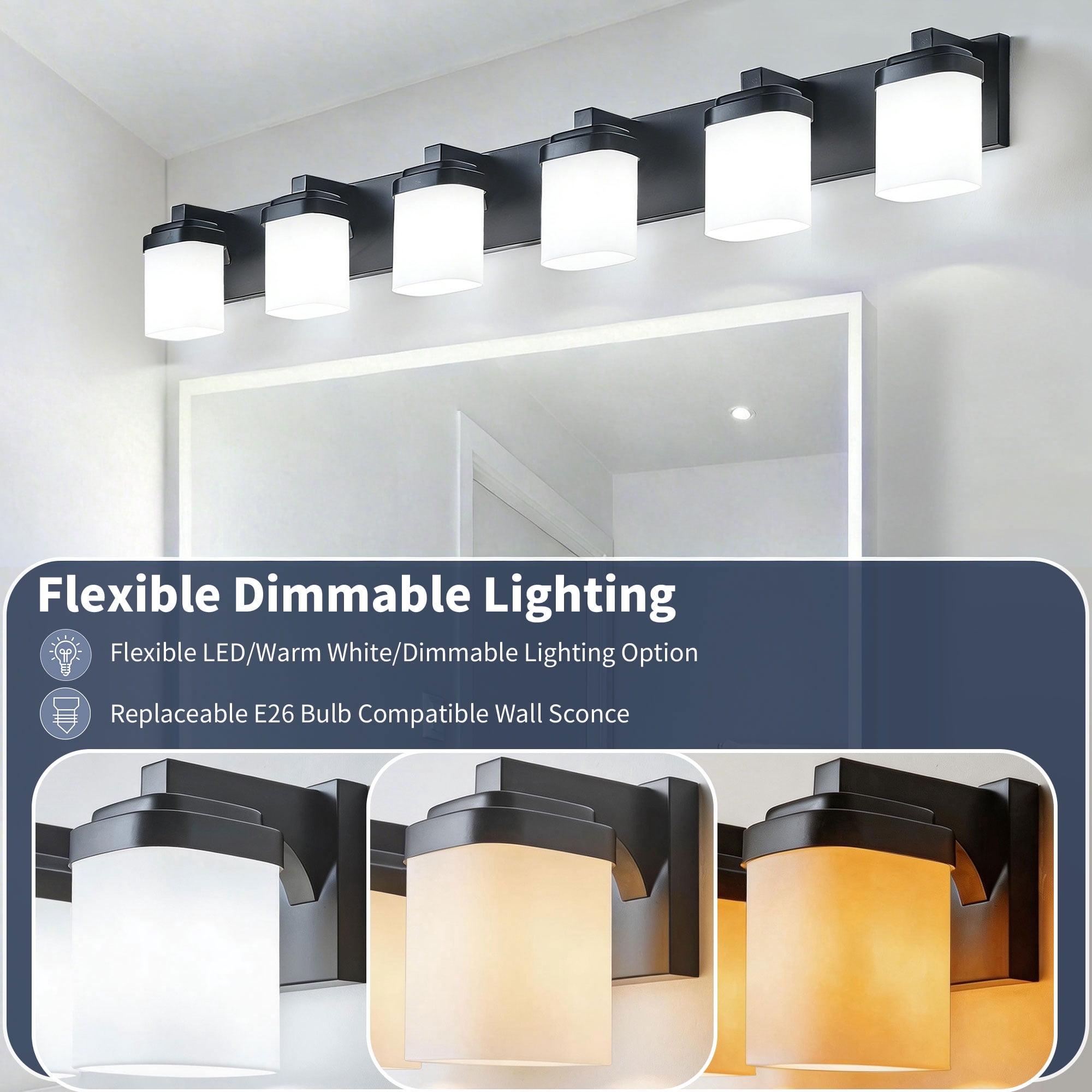 6-Light Black Vanity Lights, 43'' Modern Bathroom Vanity Lighting Fixtures for Mirror, Matte Bathroom Lighting Fixtures, Black Wall Sconces for Bedroom Living Room