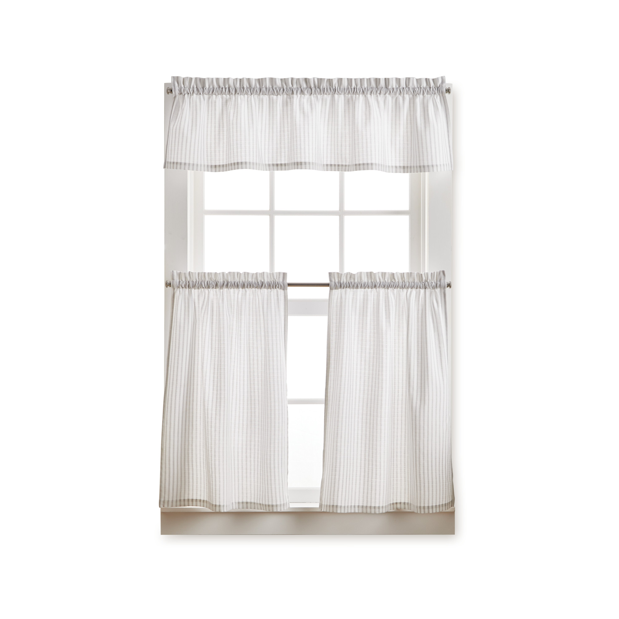 Martha Stewart Ticking Stripe 3 Piece Valance & Tier Set, White/Grey, Rod Pocket, Indoor, Adult, 56" x 36"