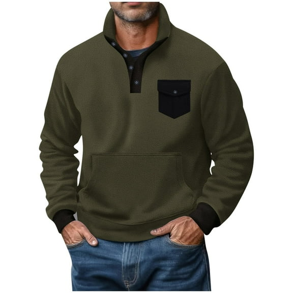 JUUYY Mens Polar Fleece Sweatshirt Button Pullover Sweatshirts Classic Fit Long Sleeve Splice Casual Shirts with Pocket Army Green L