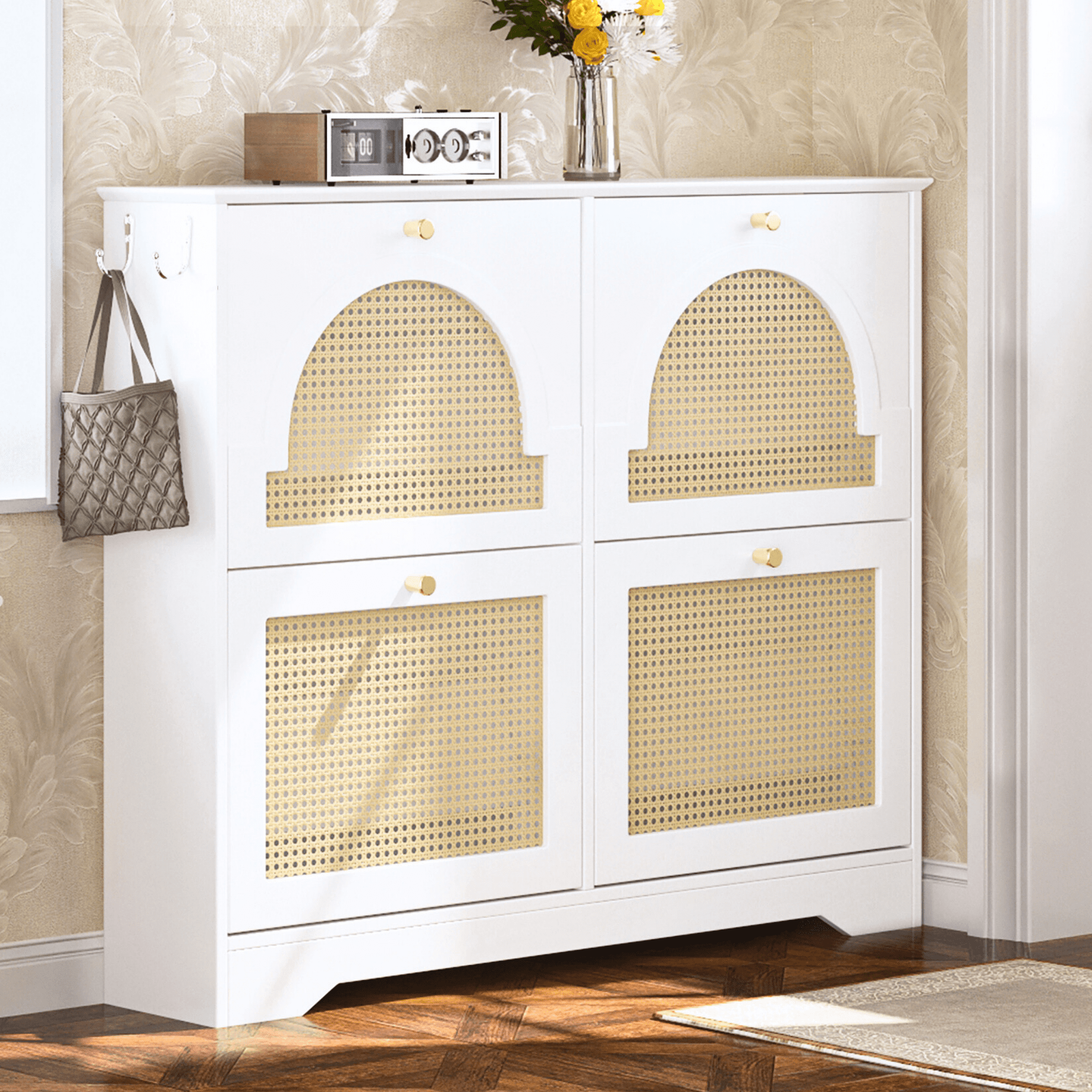 Euroco Mid-Century Rattan Shoe Cabinet with 4 Flip Drawers, Arched Doors, and Side Hooks, Holds up to 12 Pairs of Shoes