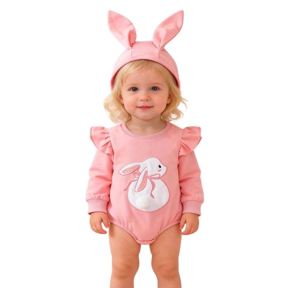 Easter Outfit Baby Girl Long Sleeve Rabbit Embroider Romper Bodysuits with Hat Set Baby Girl Outfits 12-18 Months