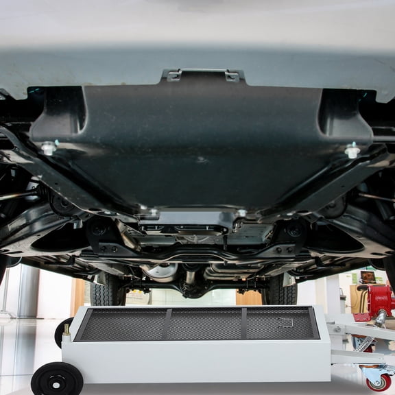 15 gallons steel Low Profile Oil Drain Pan. Oil Drain Tray w/ 8-Foot Hose & Folding Handle. Rolling Oil Drain Cart for Trucks & RVs