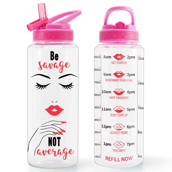 Home Tune 32oz Motivational Water Bottle with Straw & Time Marker, BPA FREE Tritan & Dustproof Flip Straw & Leak Proof & Carry Handle & Pretty Design & Easy Clean (Savage & Average)