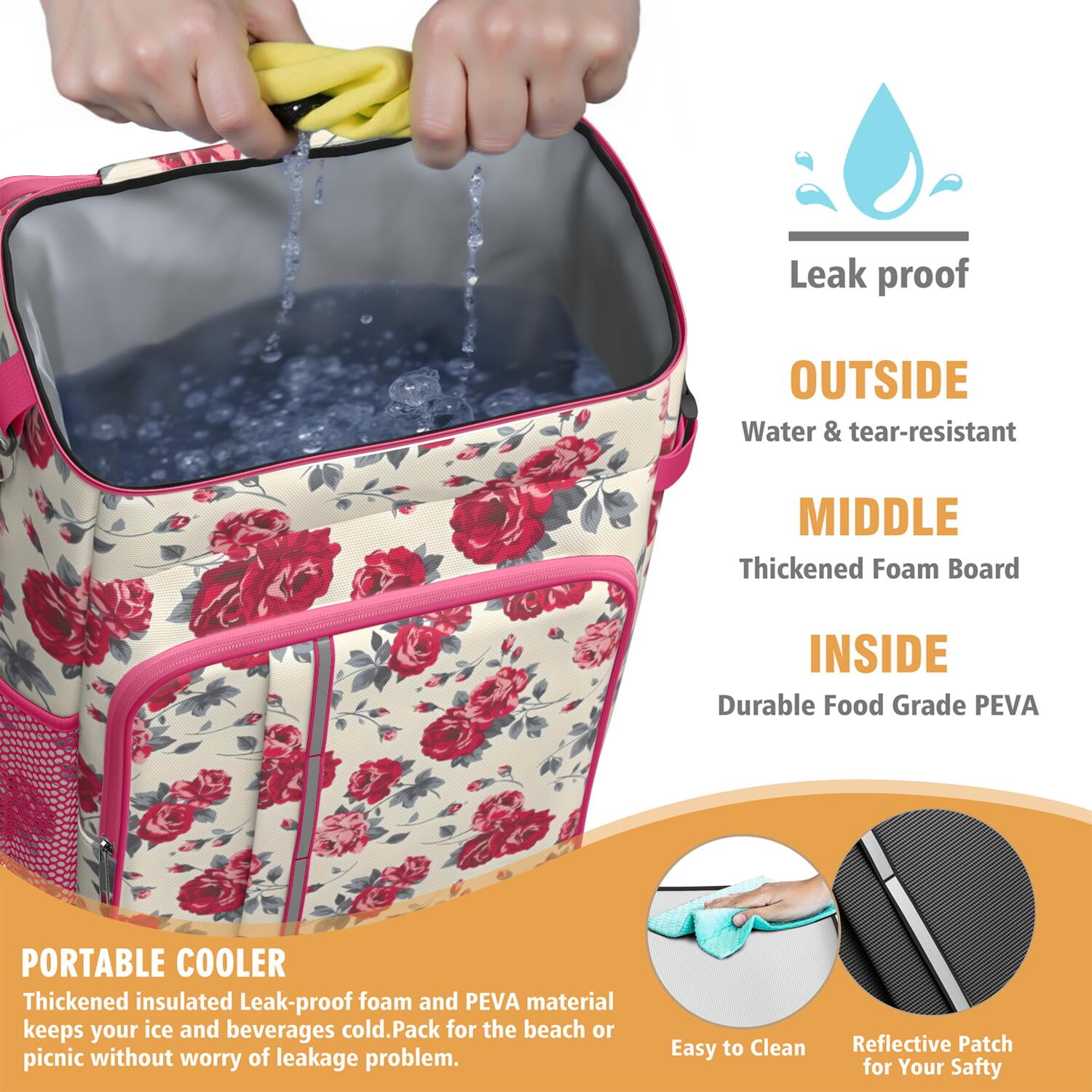Travel Cooler Bag - Pioneer Flower Floral Print Pattern Camping Beer Cooler Backpack with Bottle Opener- Waterproof Insulated Picnic Backpacks - Cooler Bag for Beach
