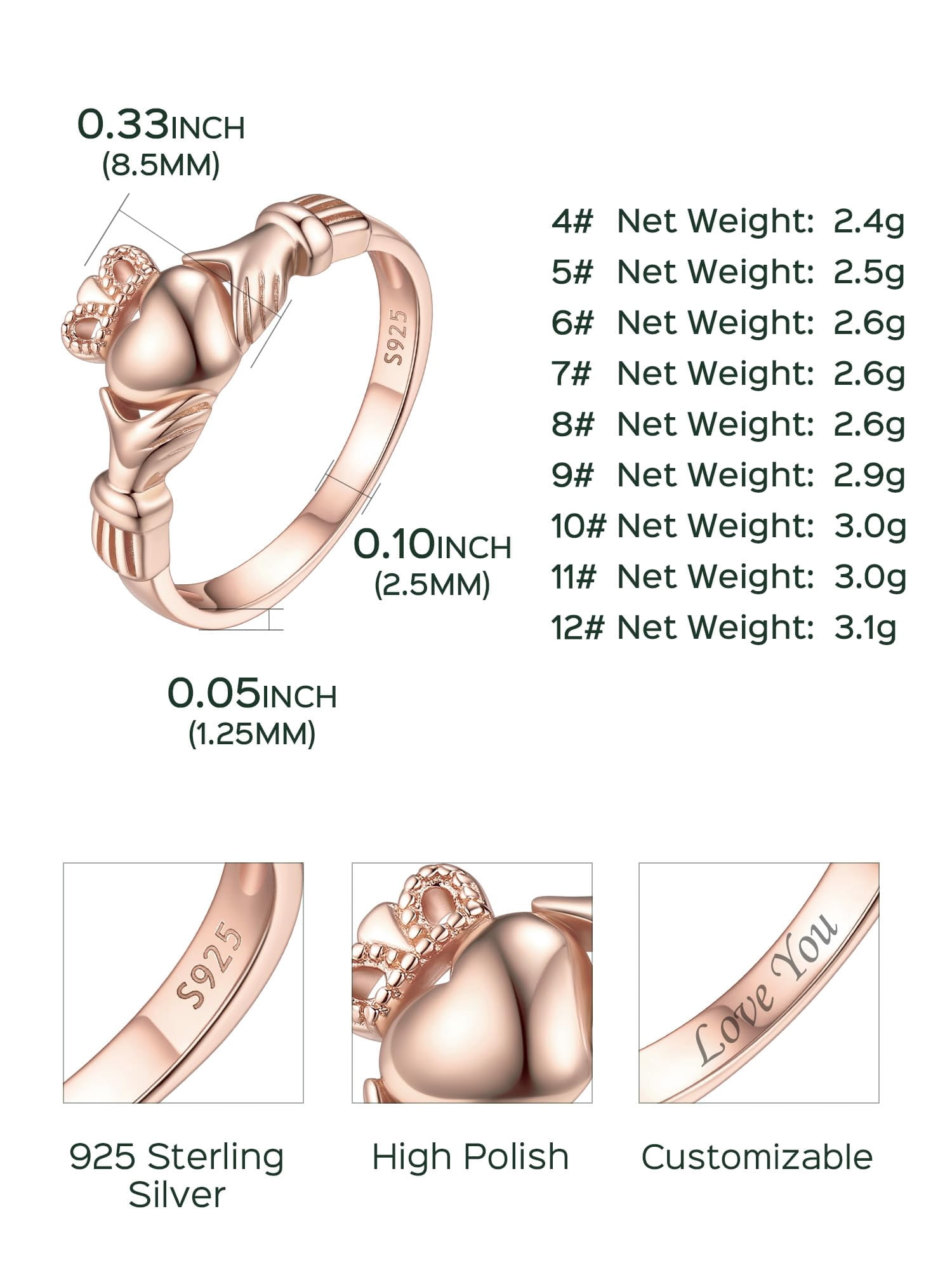 ChicSilver Claddagh Rings for Women Friendship Sterling Silver Ring Band 2.5mm Crown Heart Ring for Her Unisex Size 5