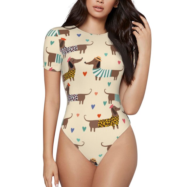 Saiise Pyjama à Motif Teckel pour Femmes, Manches Courtes, Col Rond, Justaucorps Extensible avec Fermeture à Pression - Grand