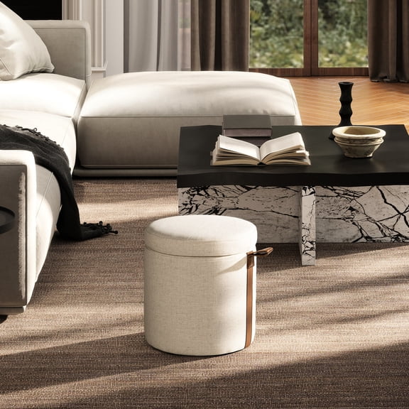 Flax White Upholstered Ottoman - Leather Detail, Hidden Compartment & Comfort Top