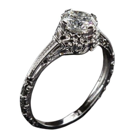 HeartsAndYou 1ct Round Cut Moissanite Antique Inspired Vintage Inspired Filigree Solitaire Ring 18k White Gold Over Silver