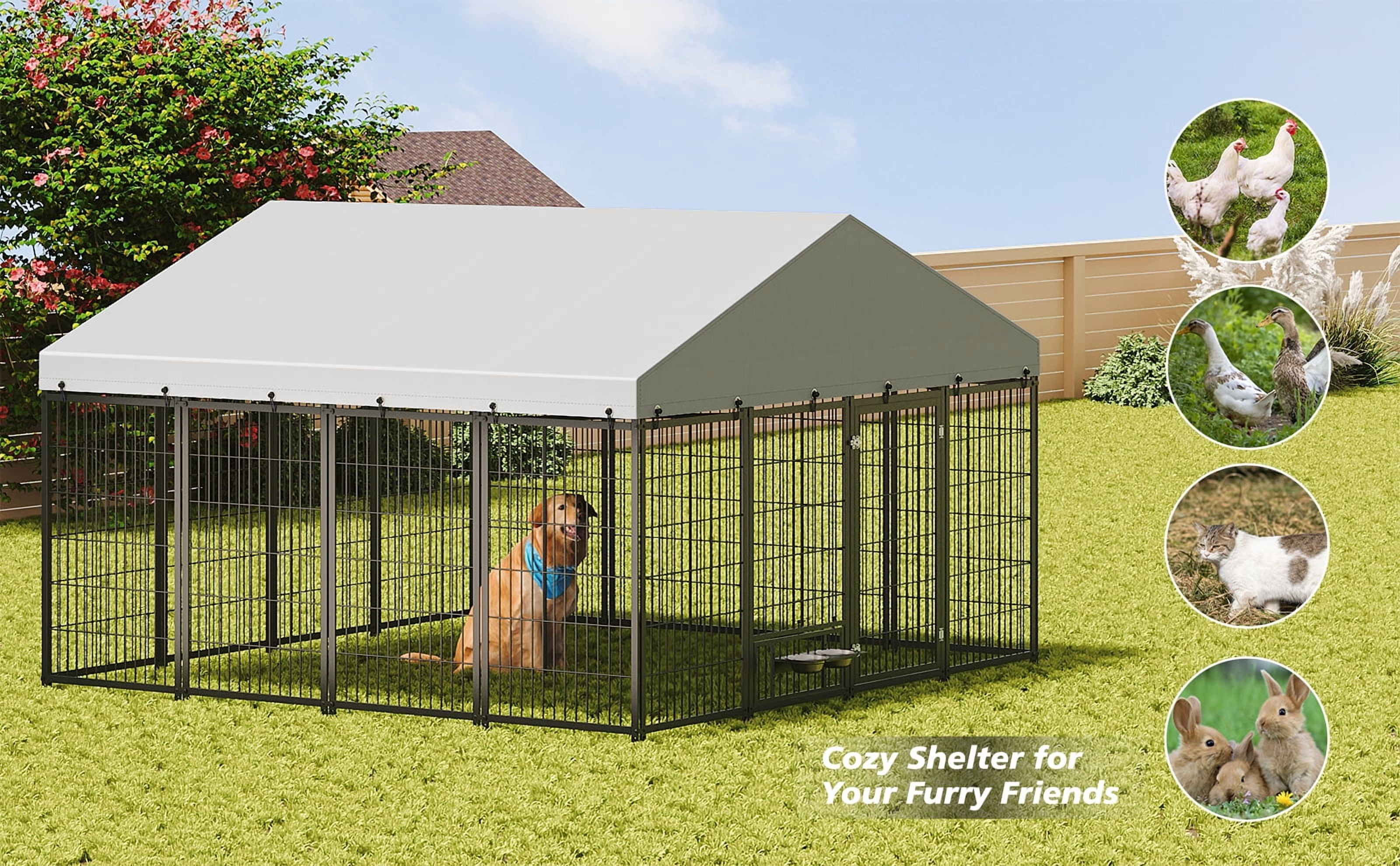 Large Dog Kennel Outdoor Pet Pens Dogs Run Enclosure Animal Hutch Metal Coop Fence with Roof Cover, 9.62'L x 9.35'W x 6.18'H