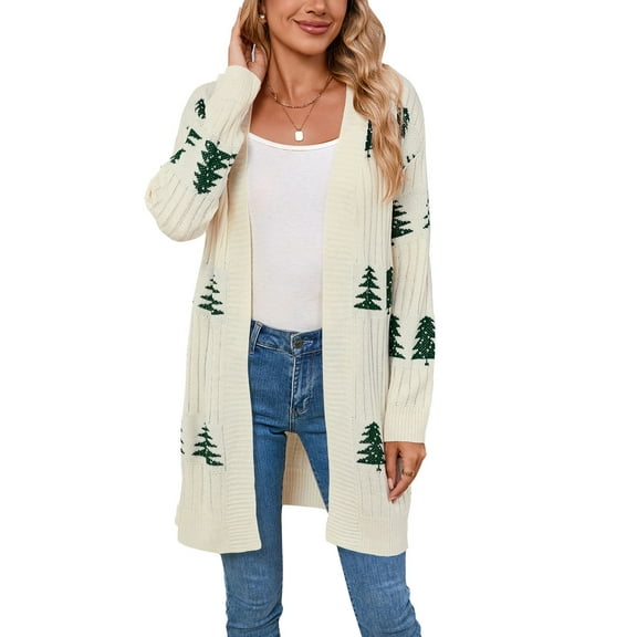 Cogild Women's Christmas Tree Cardigans for Womens V-Neck Long Sleeve Open Front Cardigans Knitted Chrastmas Sweaters for Womens Cardigan for Festive Christmas