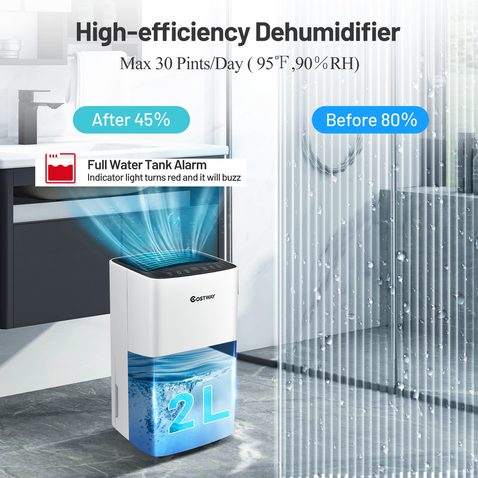 Costway 9-Pint (DOE) Portable Dehumidifier 1,500 Sq. ft Coverage Area (MAX 30Pint at 95°F, 90%RH)