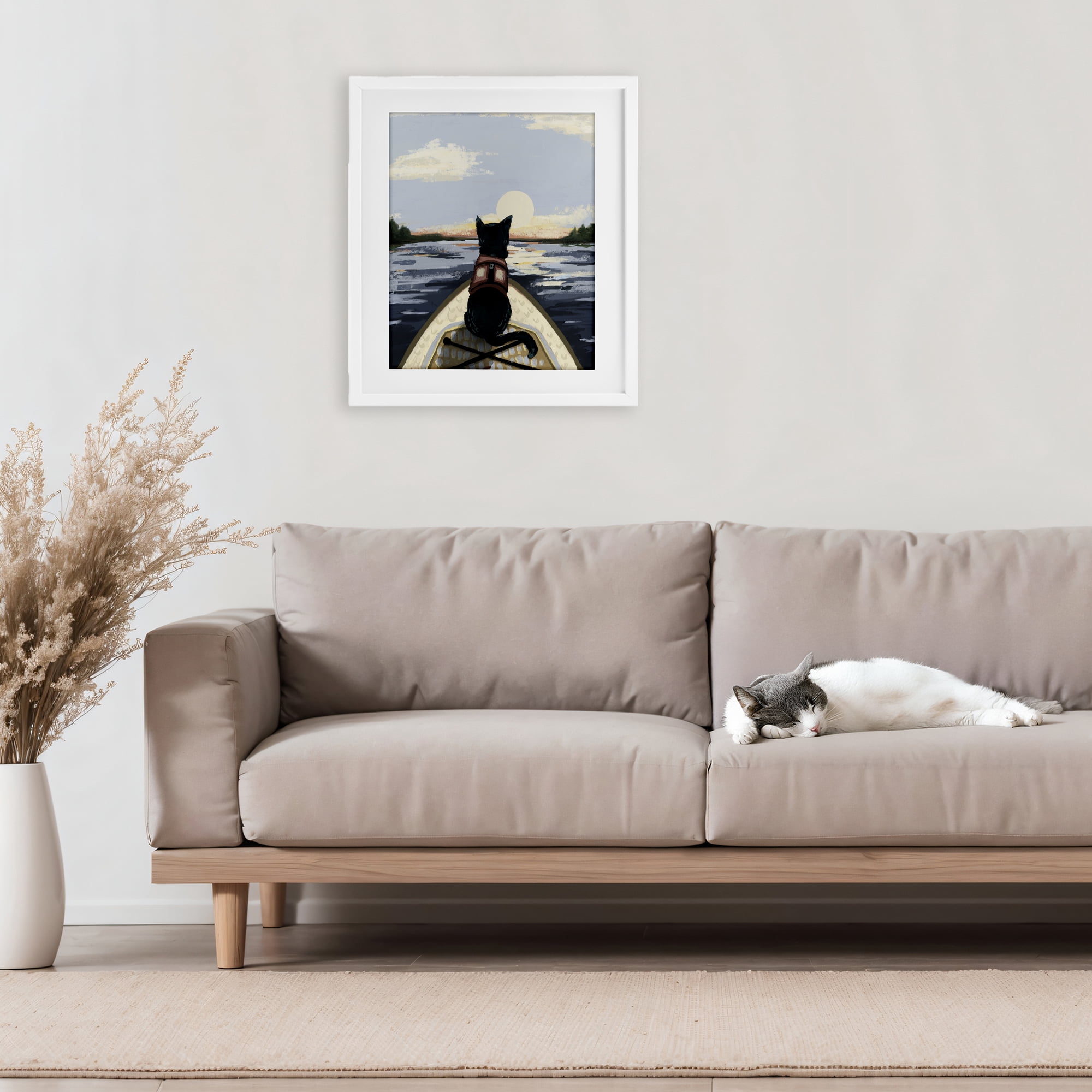 Stupell Industries Peaceful Cat Viewing Lake White Framed Print Under Glass, design by Denise Bartkus