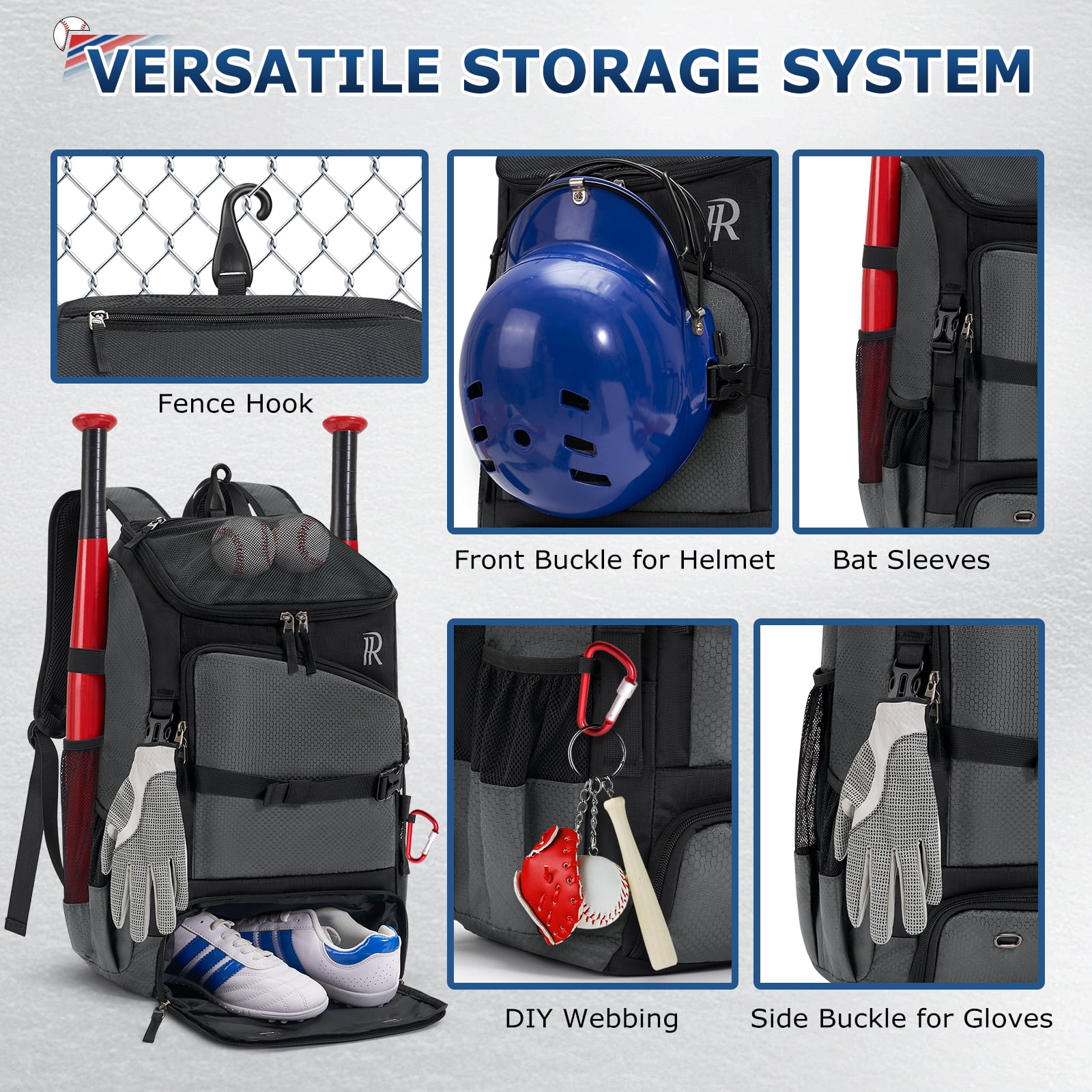 RAINSMORE Baseball Backpack 40L Large Softball Baseball Backapck with Helmet Holder, Shoe Compartment & Fence Hook, Durable Softball Gear Bag,Black/Gray