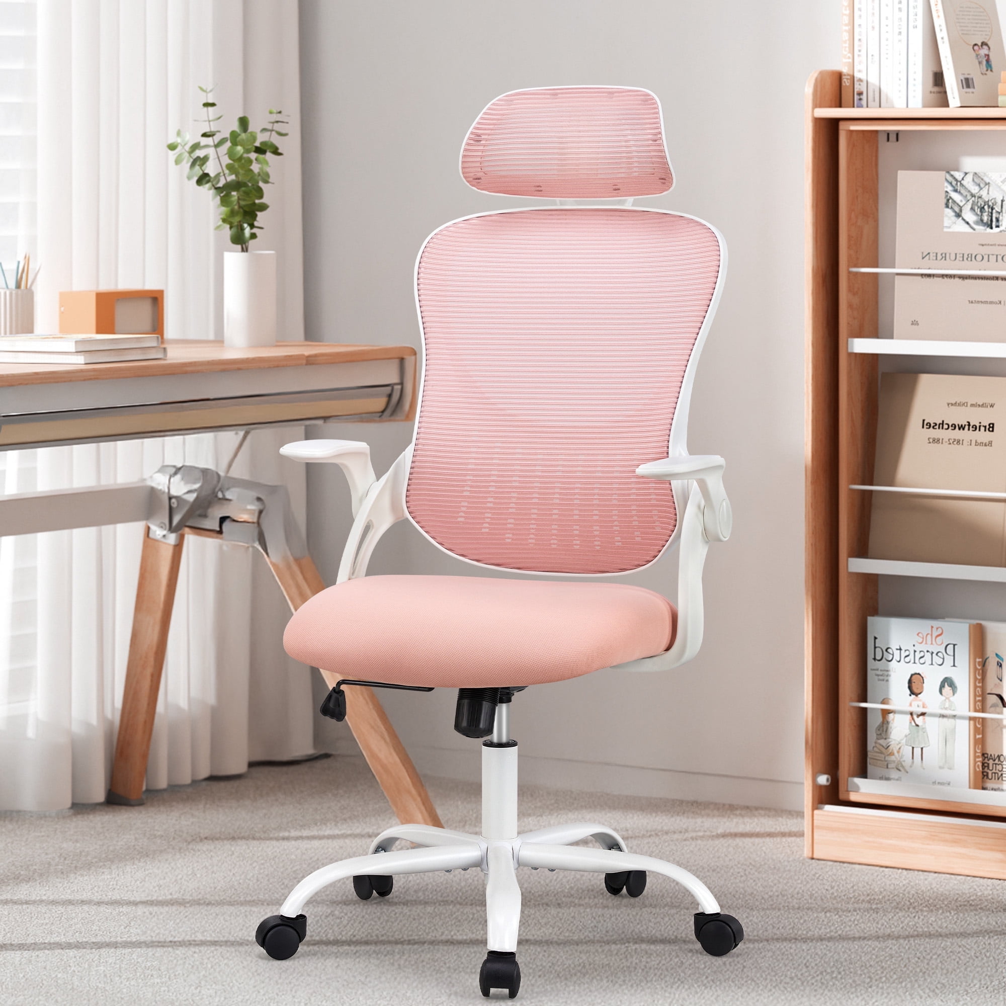 MCQ Office Chair, Ergonomic Home Mesh Office Desk Chairs, with Adjustable Armrests, Wheels and Mid-Back Task Chair with Lumbar Support,  Pink