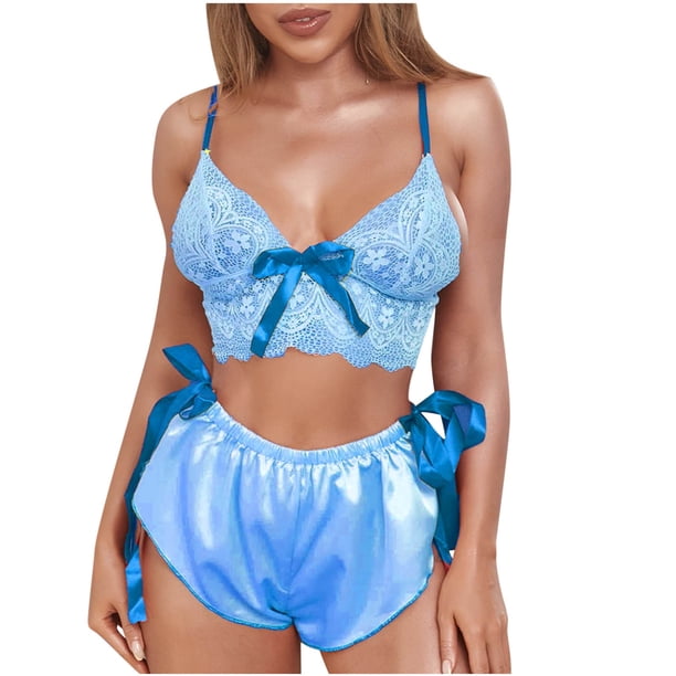 Conjuntos de pijamas de satén para mujer, ropa interior Sexy con lazo de encaje, ropa interior para dormir Fridja nalpqowj17629