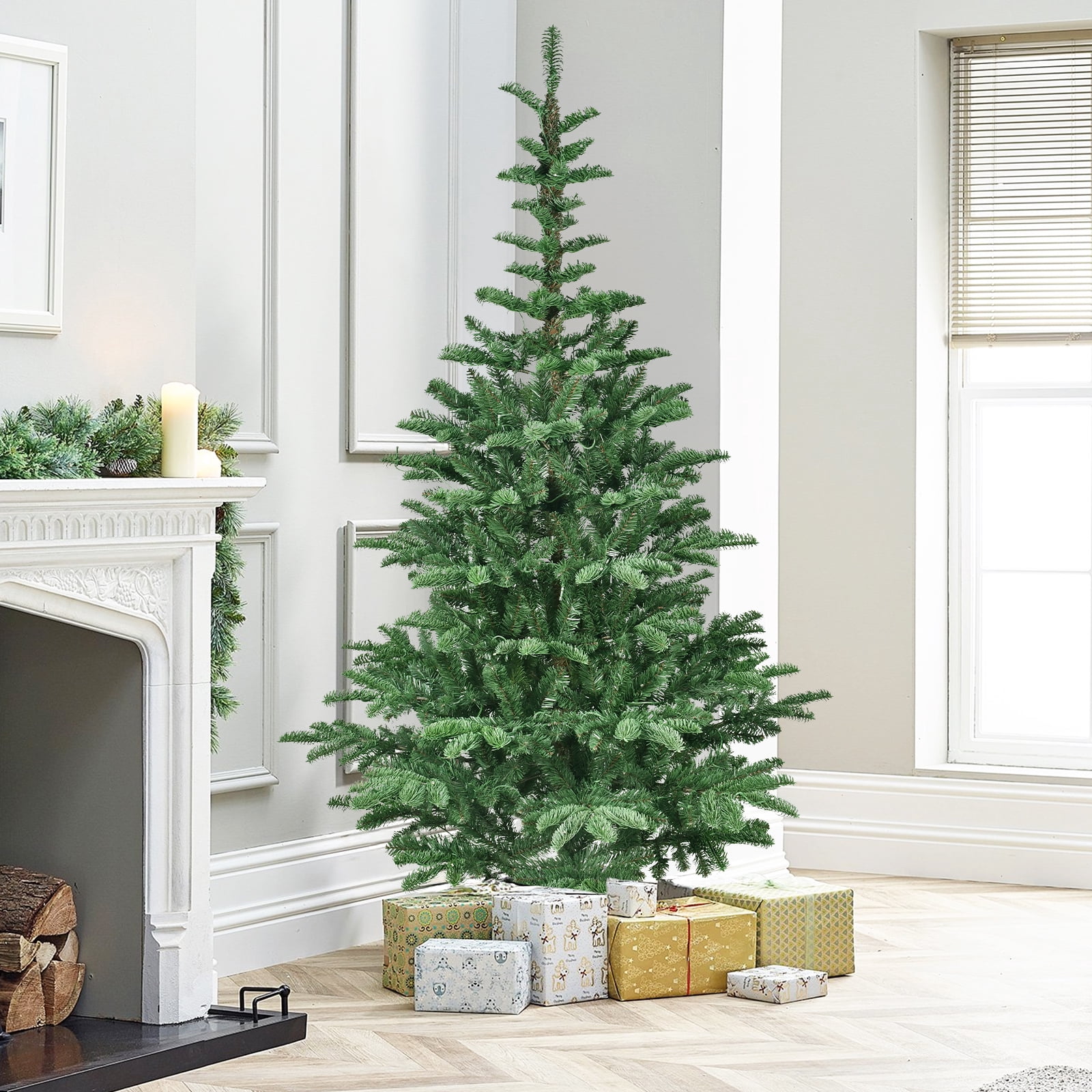 8ft Prelit Christmas Tree with Wooden Base 1307 Tips 500 Warm White LED Lights Rustic Holiday Decor