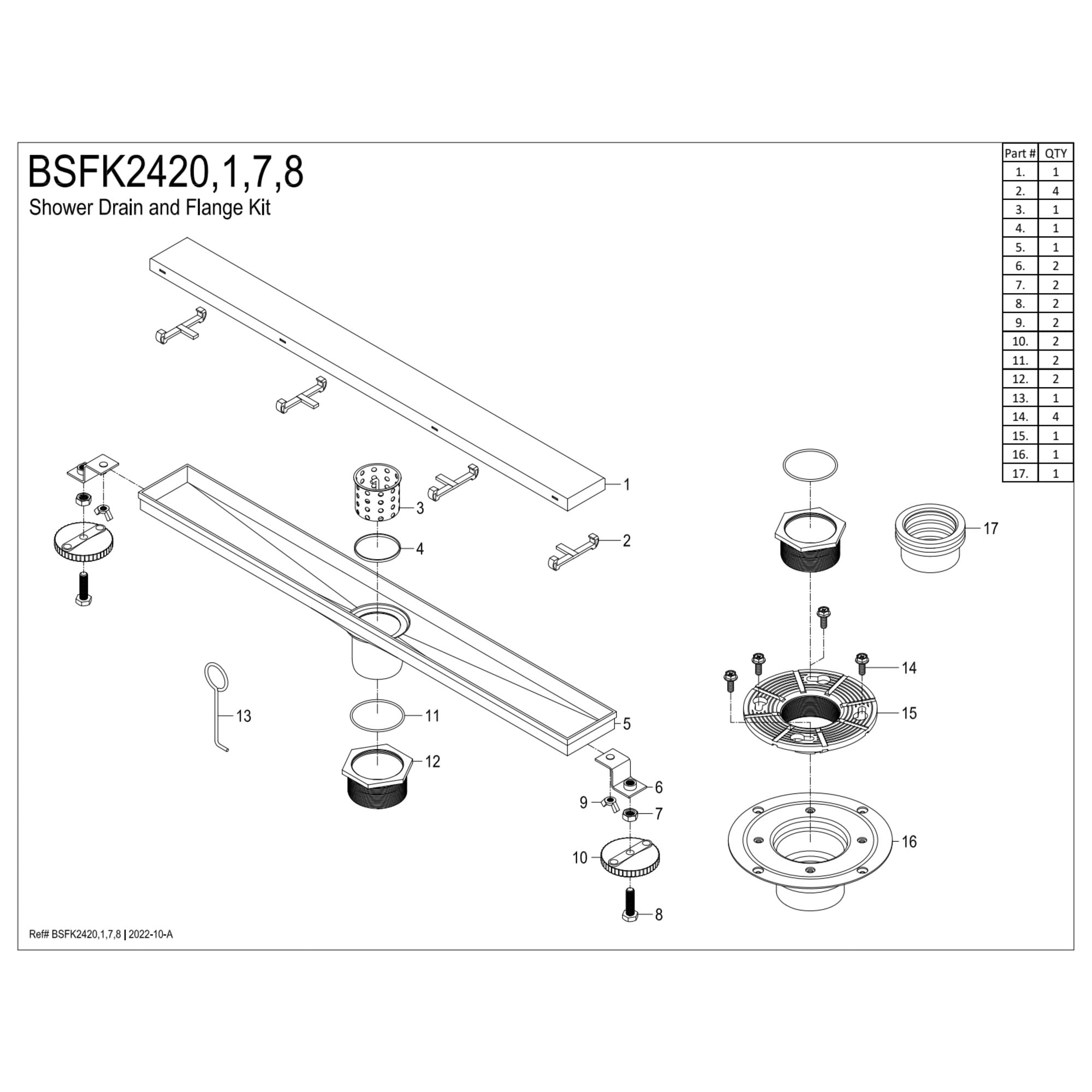 Kingston BSFK2421 Watercourse 24-Inch Stainless Steel Linear Shower Drain with Reversible Tile Insert and Flat Grate, Drain with Base Flange and Hair Strainer in Polished Chrome