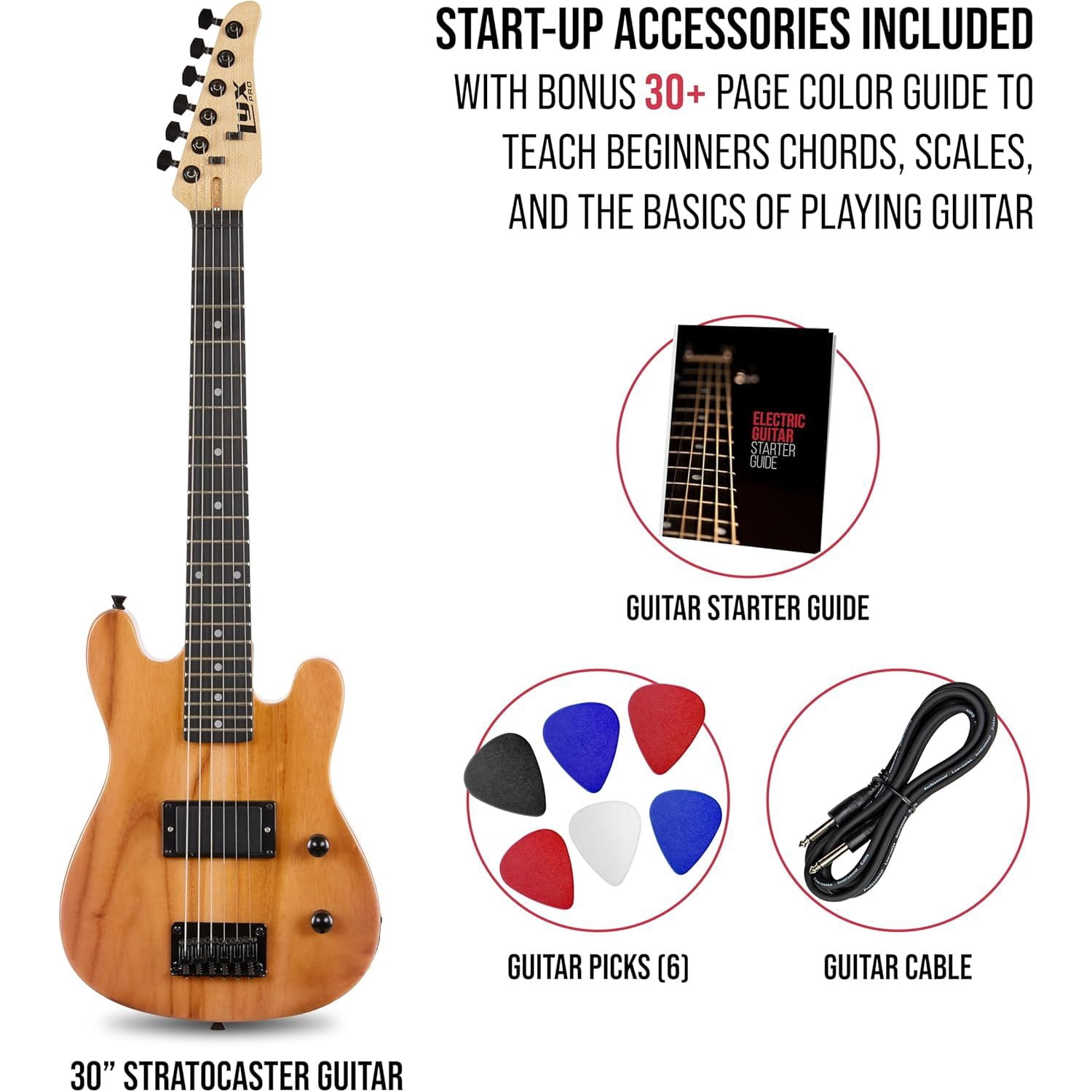 LyxPro CS 30” Beginner Electric Guitar Kit with Guitar, Amp Cable, 6 Picks & More - Natural