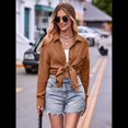 thumbnail image 4 of Camisas de Algodón para Mujer, de Larga, Estilo Boyfriend, con Cuello y Bolsillos. Café M, 4 of 10