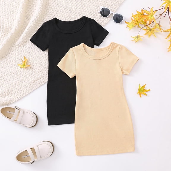 SROBPTY Girls Summer Dress Solid Crew Neck Short Sleeve Mid-Length Sundress for Outdoor Use
