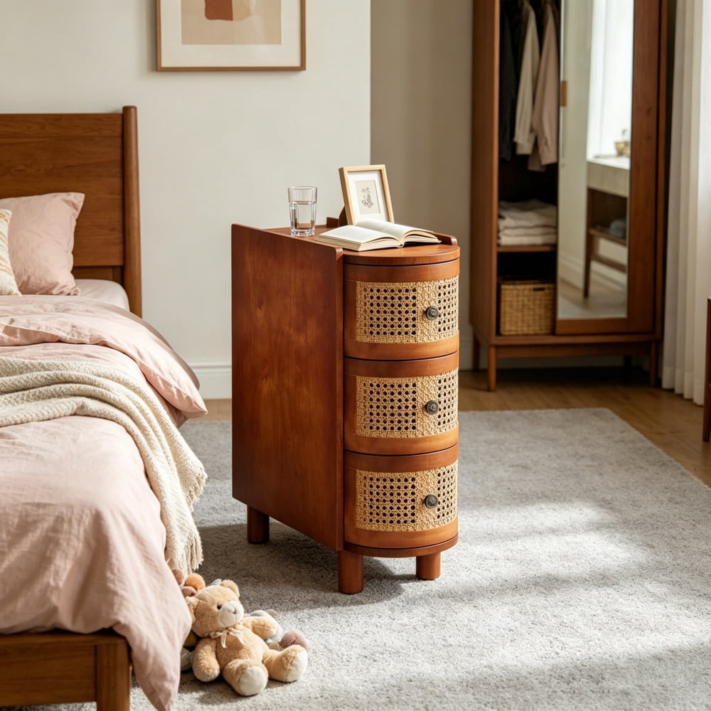 Solid Wood Rattan 3-Drawer End Table, Quick Partial Assembly Nightstand Side Table with Metal Pull Handles for Living Room Bedroom