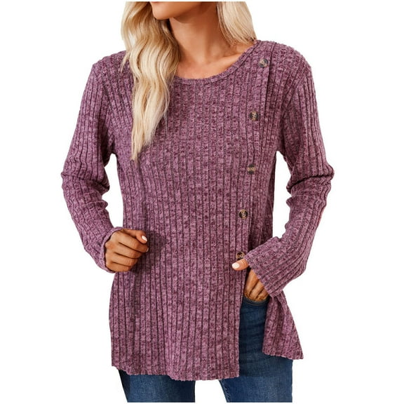 FAIWAD Women's Long Sleeve Round Neck Tunic Knit Tops Trendy Button Side Split Solid Color Pullover Top