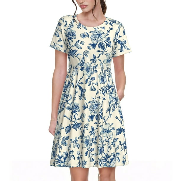 Fotbe Vintage Blue Floral Vestido Largo de Moda para Mujer, Vestido Tipo Camiseta con Manga Corta y Estilo Casual a Rayas y Bloques de Color